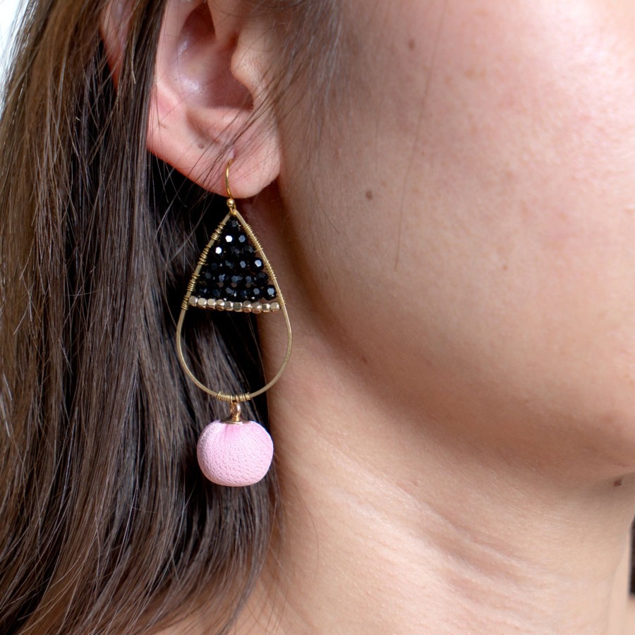 Accessories HaremPants | Oval Beaded Fabric Ball Earrings In Black