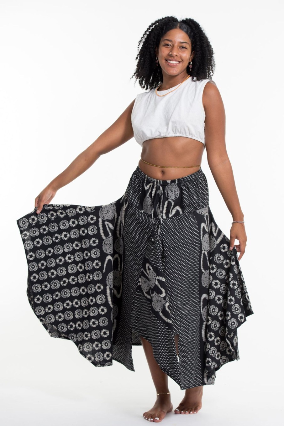 Women HaremPants | Daisy Dot Prints Cotton Handkerchief Midi Skirt In Black