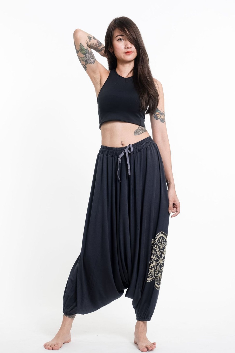 Women HaremPants | Mandala Print Drawstring Low Cut Harem Pants Cotton Spandex In Gray