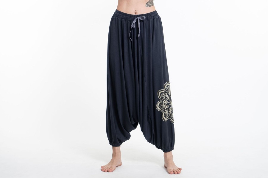 Women HaremPants | Mandala Print Drawstring Low Cut Harem Pants Cotton Spandex In Gray