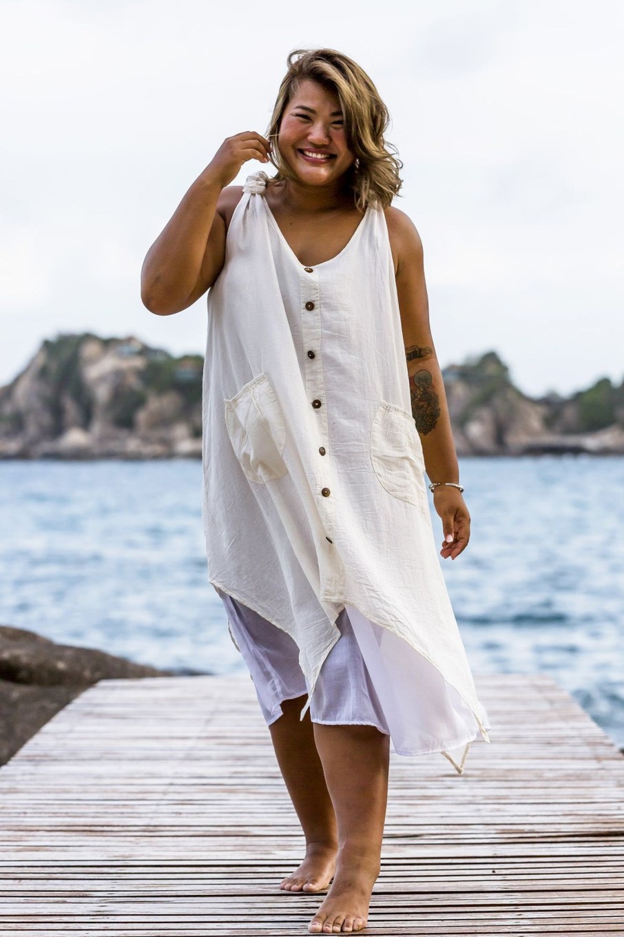 Women HaremPants | Plus Size Women'S Crinkled Hill Tribe Cotton Tank Dress In Off White