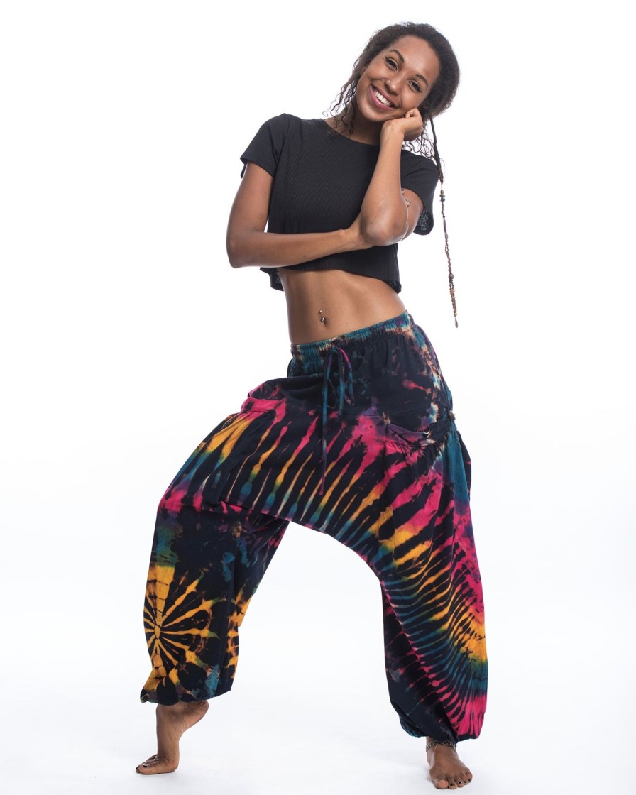 Women HaremPants | Tie Dye Cotton Women Harem Pants In Navy Rainbow