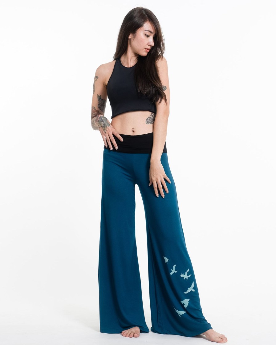 Women HaremPants | Birds Print Wide Leg Palazzo Harem Pants Cotton Spandex In Turquoise