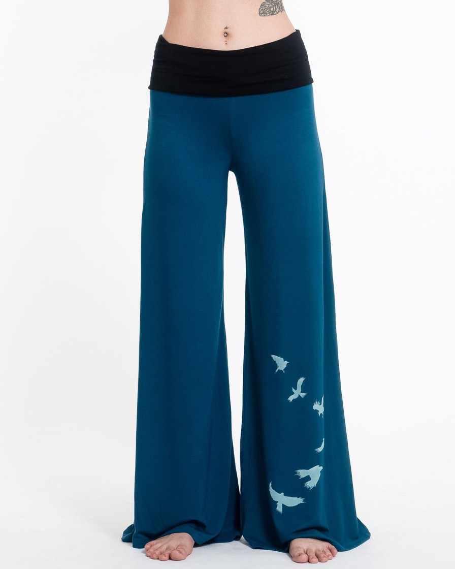 Women HaremPants | Birds Print Wide Leg Palazzo Harem Pants Cotton Spandex In Turquoise