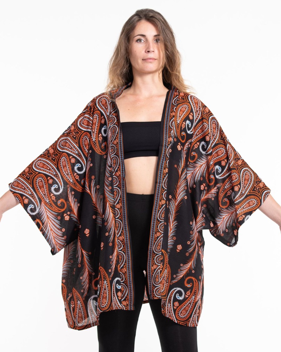 Plus Size HaremPants | Paisley Feathers Kimono Cardigan In Black