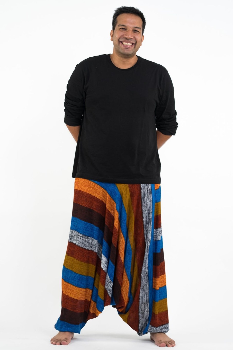 Men HaremPants | Plus Size Boho Striped Drop Crotch Men'S Harem Pants In Rust