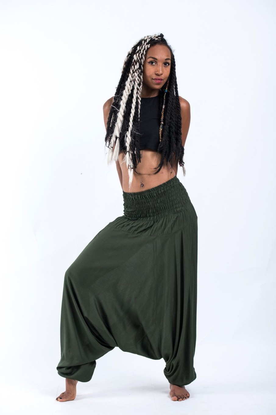 Women HaremPants | Solid Color 2-In-1 Jumpsuit Harem Pants In Dark Green