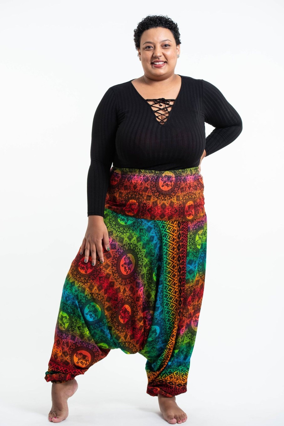 Women HaremPants | Plus Size Rainbow Elephant 2-In-1 Jumpsuit Elephant Pants In Orange