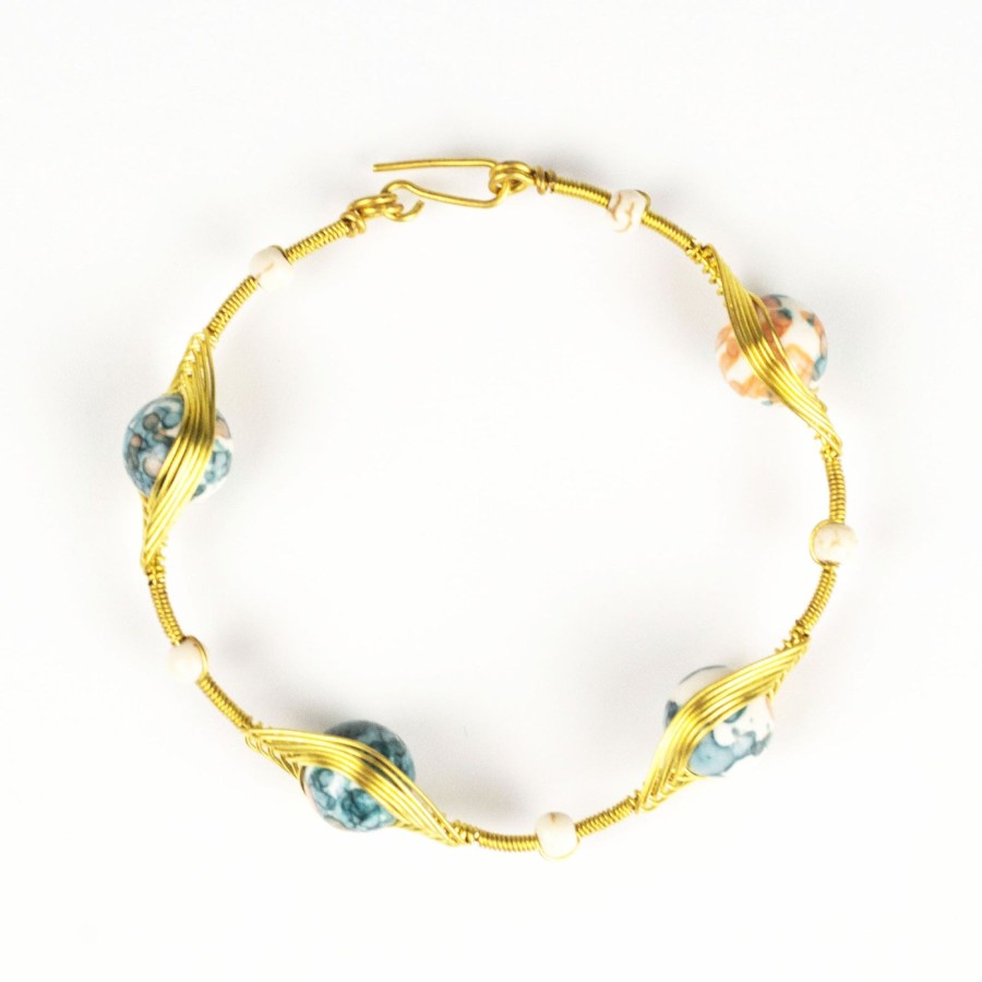 Accessories HaremPants | Wired Brass Bracelet With Marble Beads Green