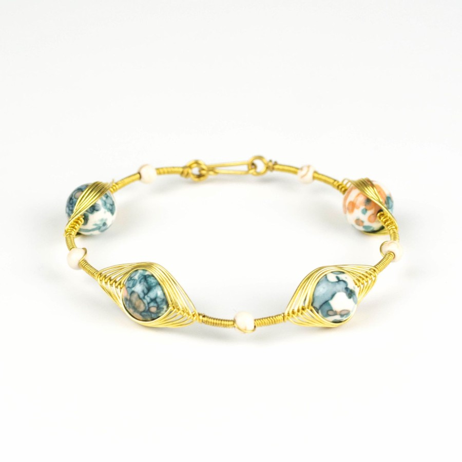 Accessories HaremPants | Wired Brass Bracelet With Marble Beads Green