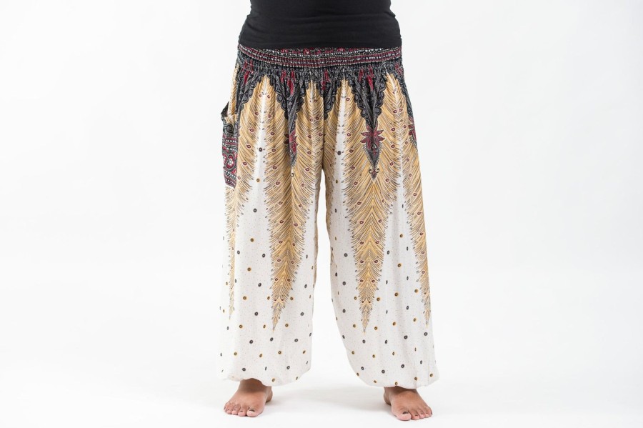 Plus Size HaremPants | Plus Size Peacock Feathers Women'S Harem Pants In White