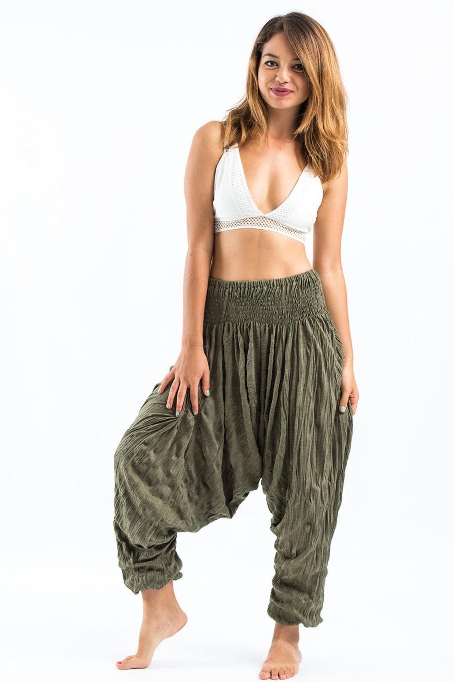 Women HaremPants | Crinkled Cotton Harem Pants In Green