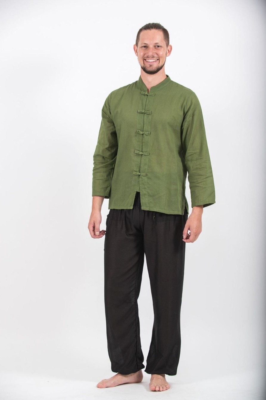 Men HaremPants | Mens Yoga Shirts Chinese Collared In Olive