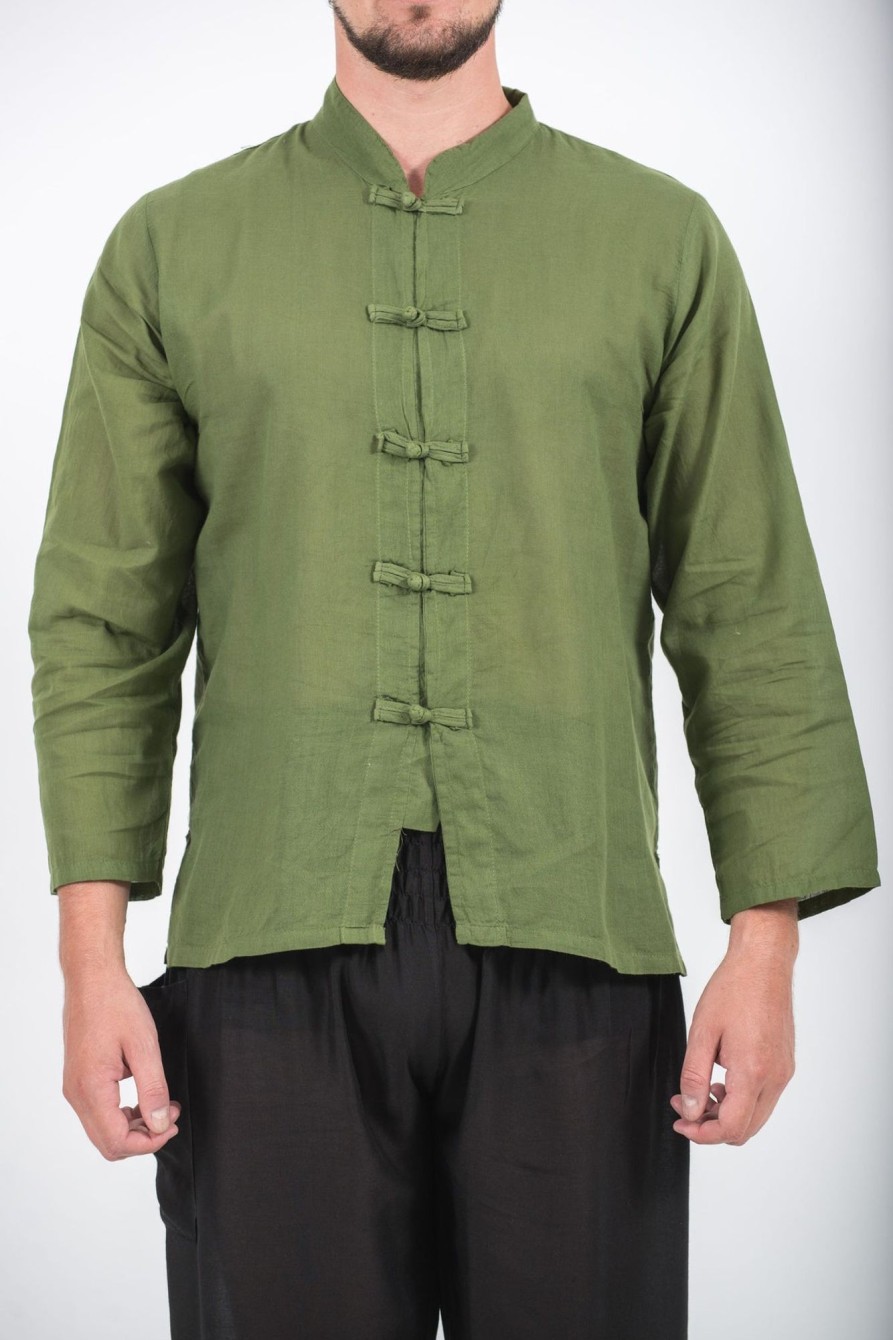 Men HaremPants | Mens Yoga Shirts Chinese Collared In Olive