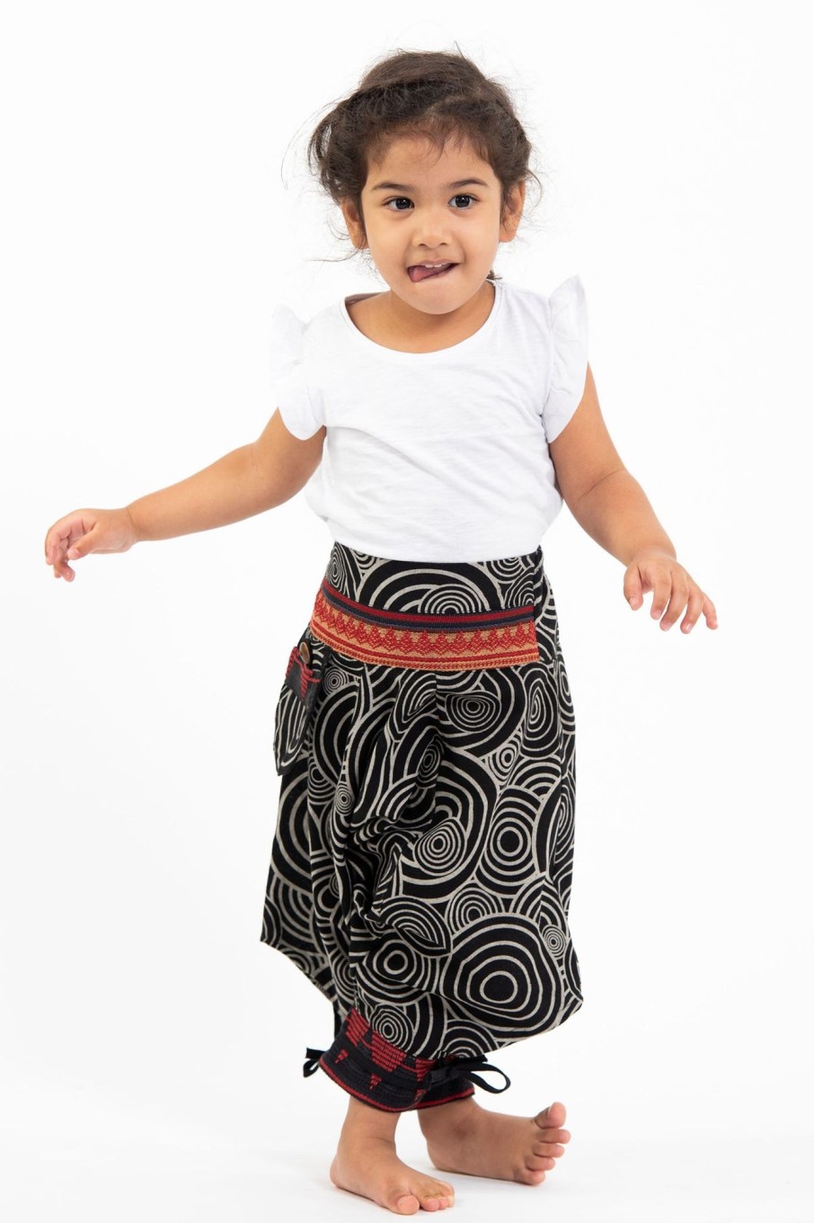 Kids HaremPants | Swirls Prints Thai Hill Tribe Fabric Kids Harem Pants With Ankle Straps In Black