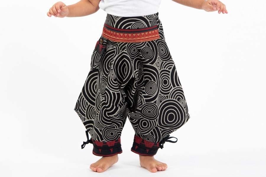 Kids HaremPants | Swirls Prints Thai Hill Tribe Fabric Kids Harem Pants With Ankle Straps In Black