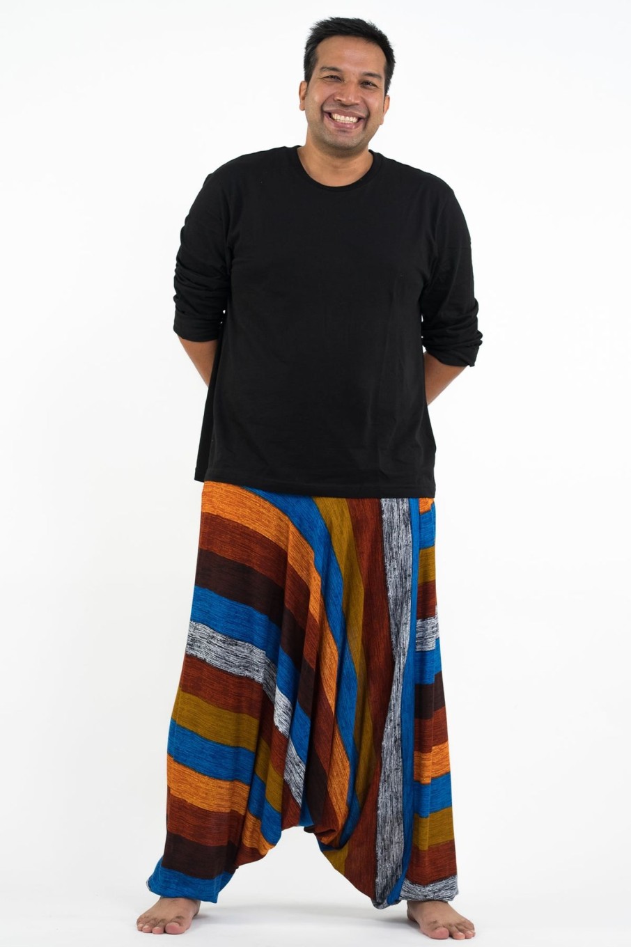 Plus Size HaremPants | Plus Size Boho Striped Drop Crotch Men'S Harem Pants In Rust