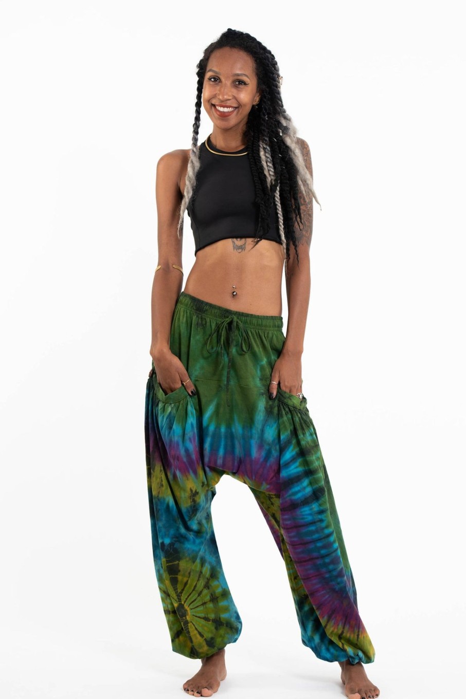 Women HaremPants | Tie Dye Cotton Women Harem Pants In Green Blue