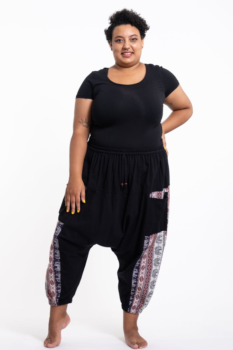 Plus Size HaremPants | Plus Size Elephant Aztec Cotton Women'S Harem Pants In Black