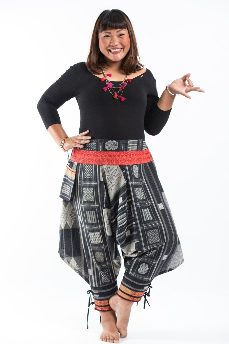 Women HaremPants | Plus Size Thai Hill Tribe Fabric Women Harem Pants With Ankle Straps In Black