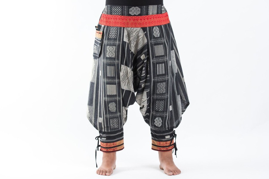 Women HaremPants | Plus Size Thai Hill Tribe Fabric Women Harem Pants With Ankle Straps In Black