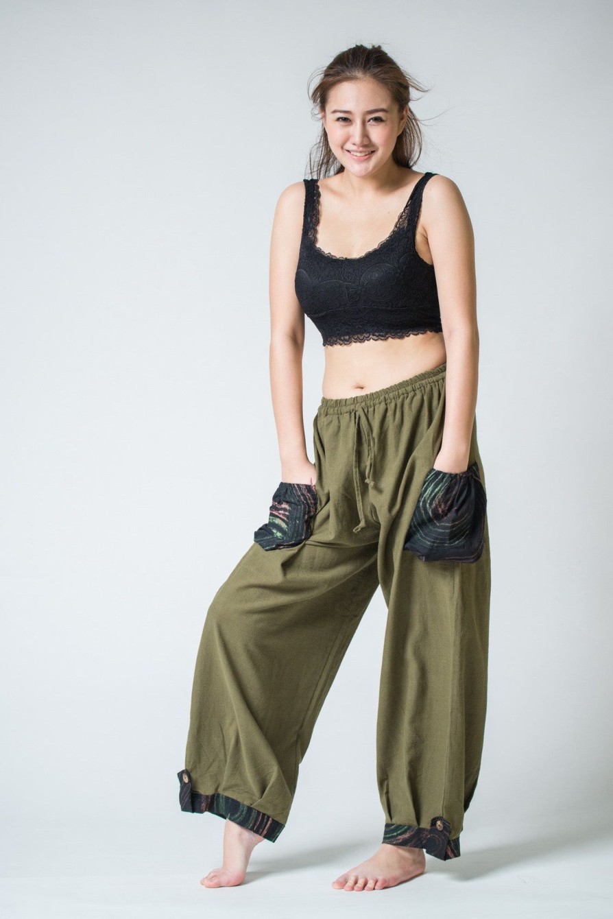 Women HaremPants | Thai Cotton Women Drawstring Pants With Hill Tribe Trim Olive