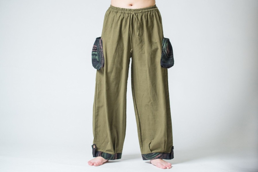 Women HaremPants | Thai Cotton Women Drawstring Pants With Hill Tribe Trim Olive