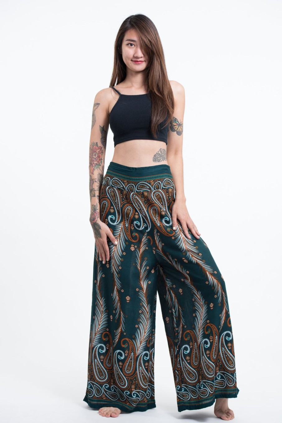 Women HaremPants | Paisley Feathers Palazzo Style Harem Pants In Green