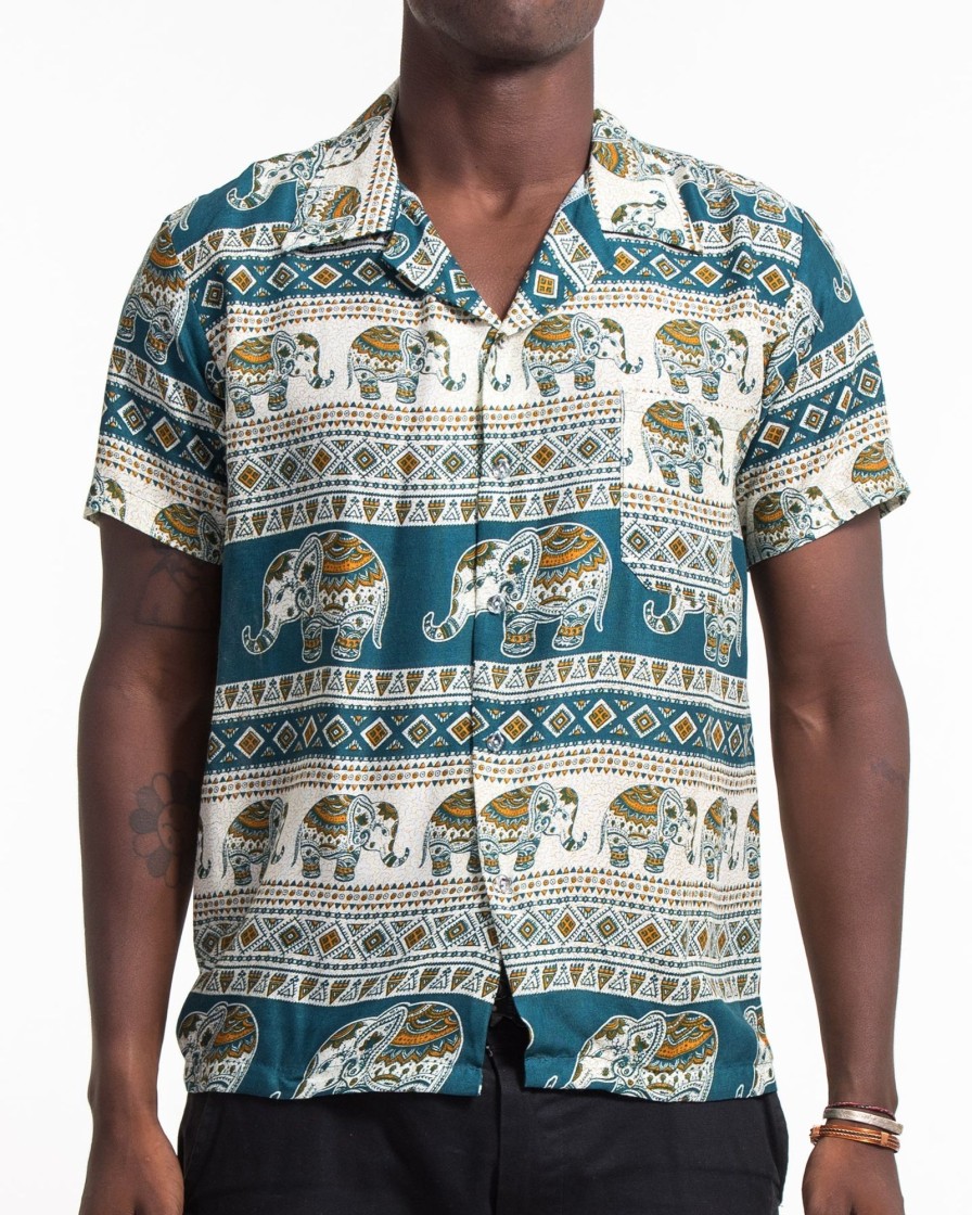 Men HaremPants | Tribal Elephant Short Sleeve Button Shirt In Teal