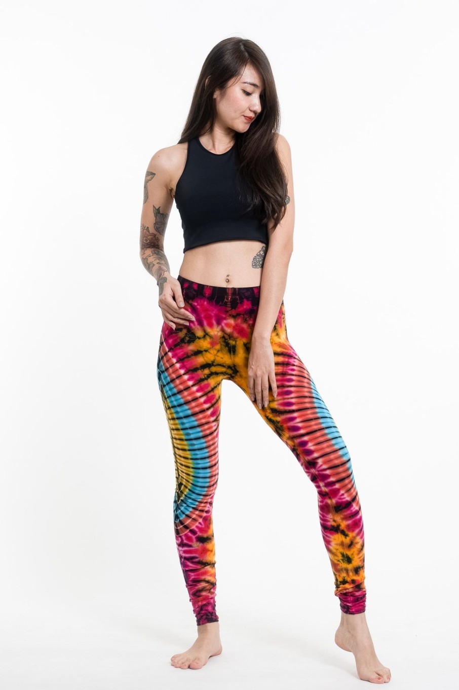 Women HaremPants | Oval Swirls Tie Dye Cotton Leggings In Pink Rainbow