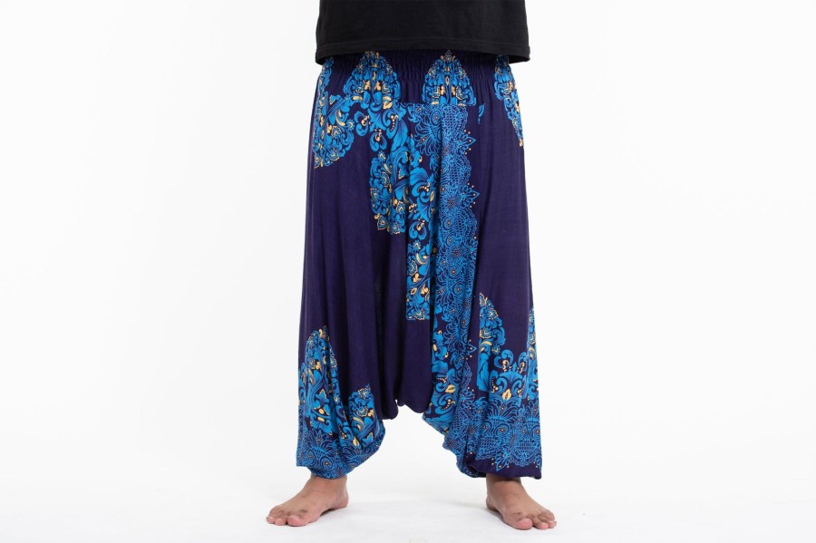 Men HaremPants | Plus Size Floral Vines Drop Crotch Men'S Harem Pants In Blue