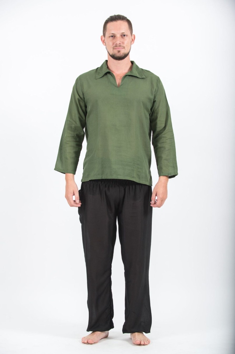 Men HaremPants | Mens Yoga Shirts Collar V Neck In Olive