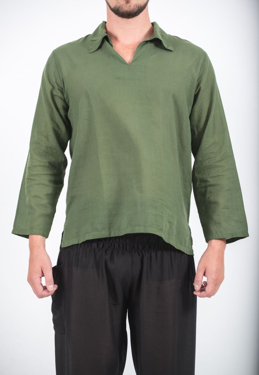 Men HaremPants | Mens Yoga Shirts Collar V Neck In Olive