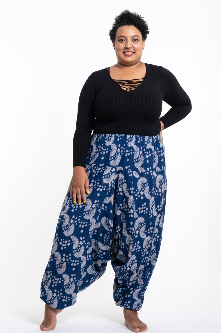 Plus Size HaremPants | Plus Size Fan Prints Women'S Low Cut Cotton Harem Pants In Indigo