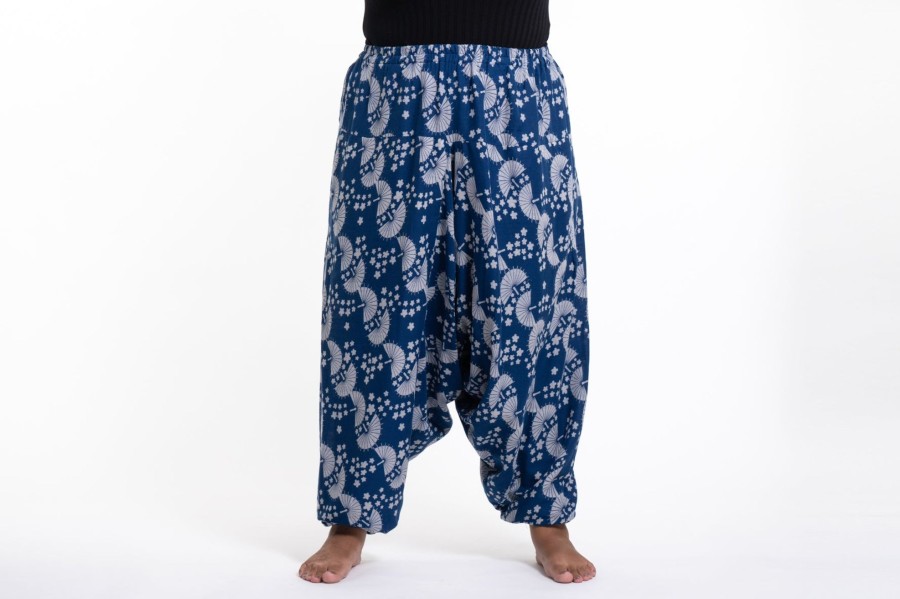 Plus Size HaremPants | Plus Size Fan Prints Women'S Low Cut Cotton Harem Pants In Indigo