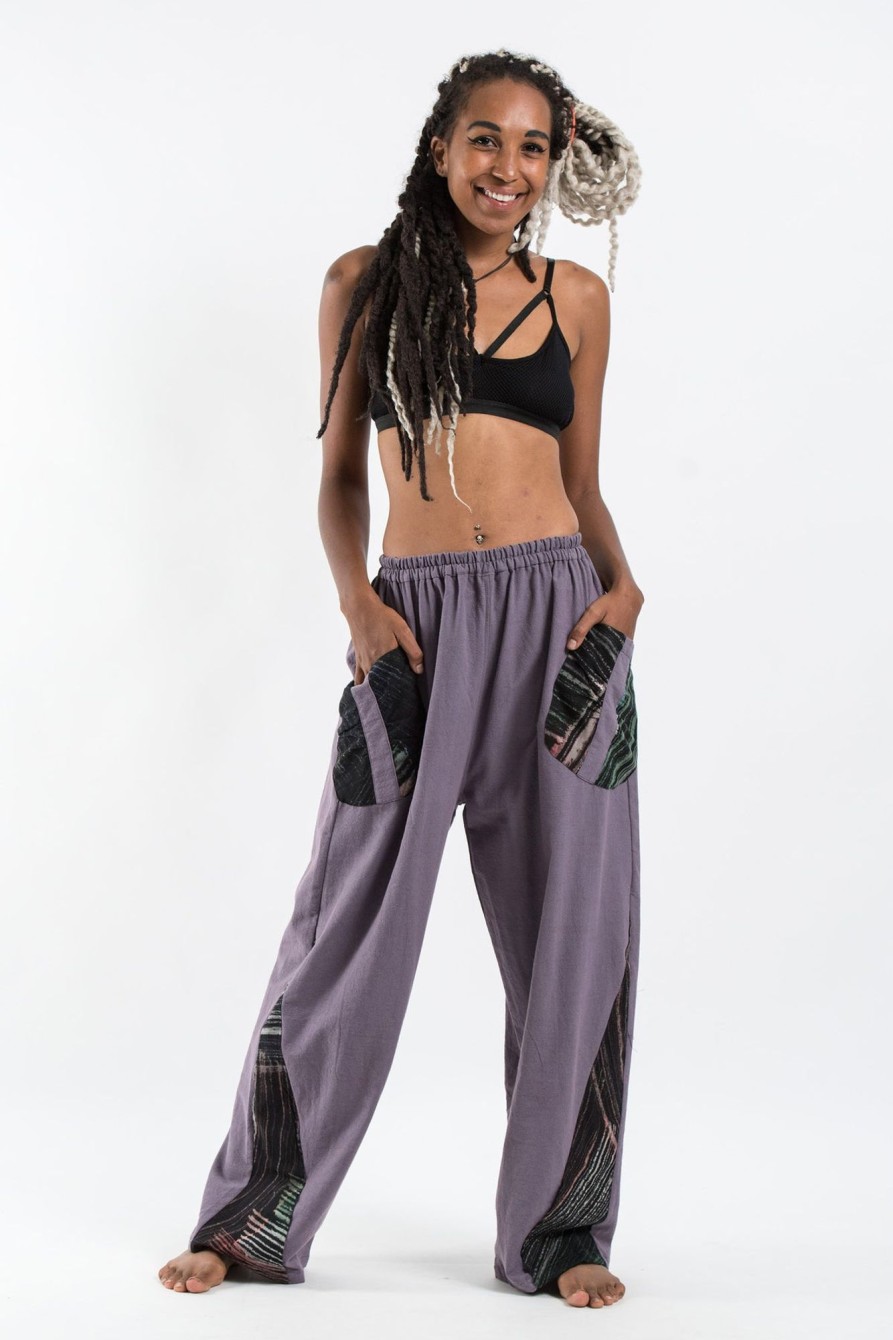 Women HaremPants | Thai Cotton Women'S Pants With Hill Tribe Trim In Violet Gray