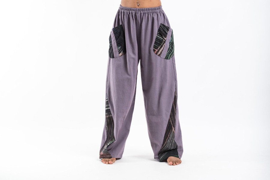 Women HaremPants | Thai Cotton Women'S Pants With Hill Tribe Trim In Violet Gray