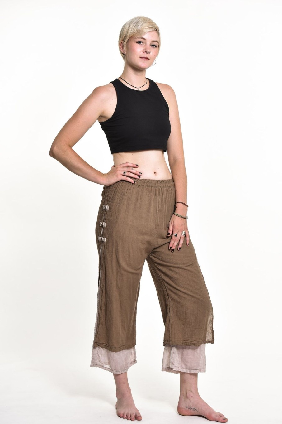 Women HaremPants | Women'S Cotton Double Layers Cropped Pants In Solid Brown