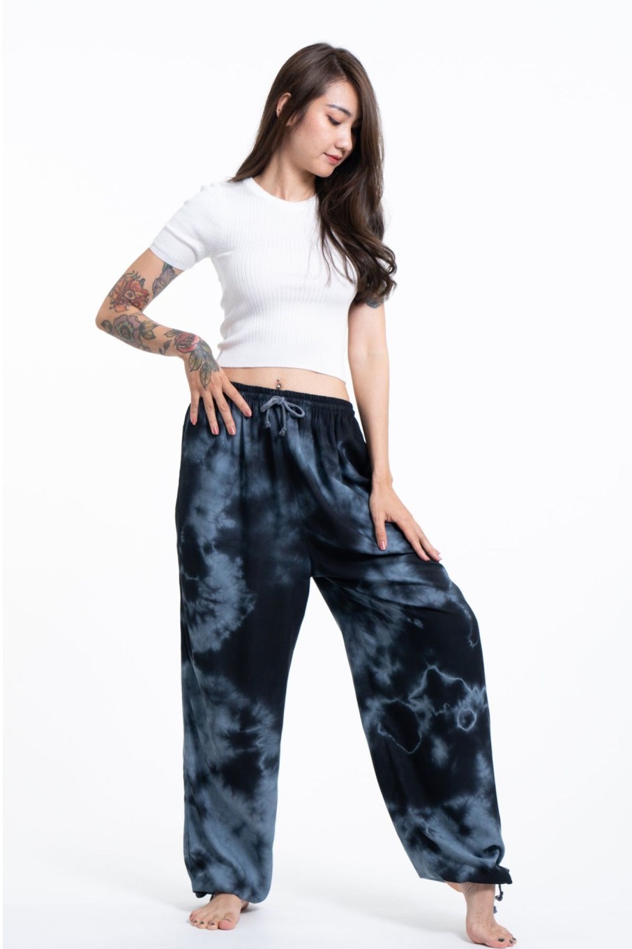 Women HaremPants | Tie Dye Drawstring Women'S Yoga Massage Pants In Black