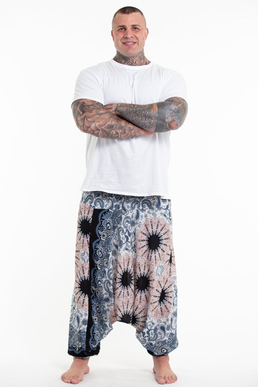 Plus Size HaremPants | Plus Size Paisley Mandalas Drop Crotch Men'S Harem Pants In Silver Gray