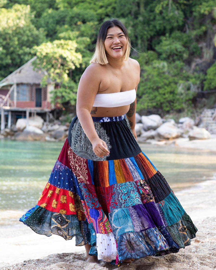 Plus Size HaremPants | Plus Size Patchwork Long Skirt In Prints Multi