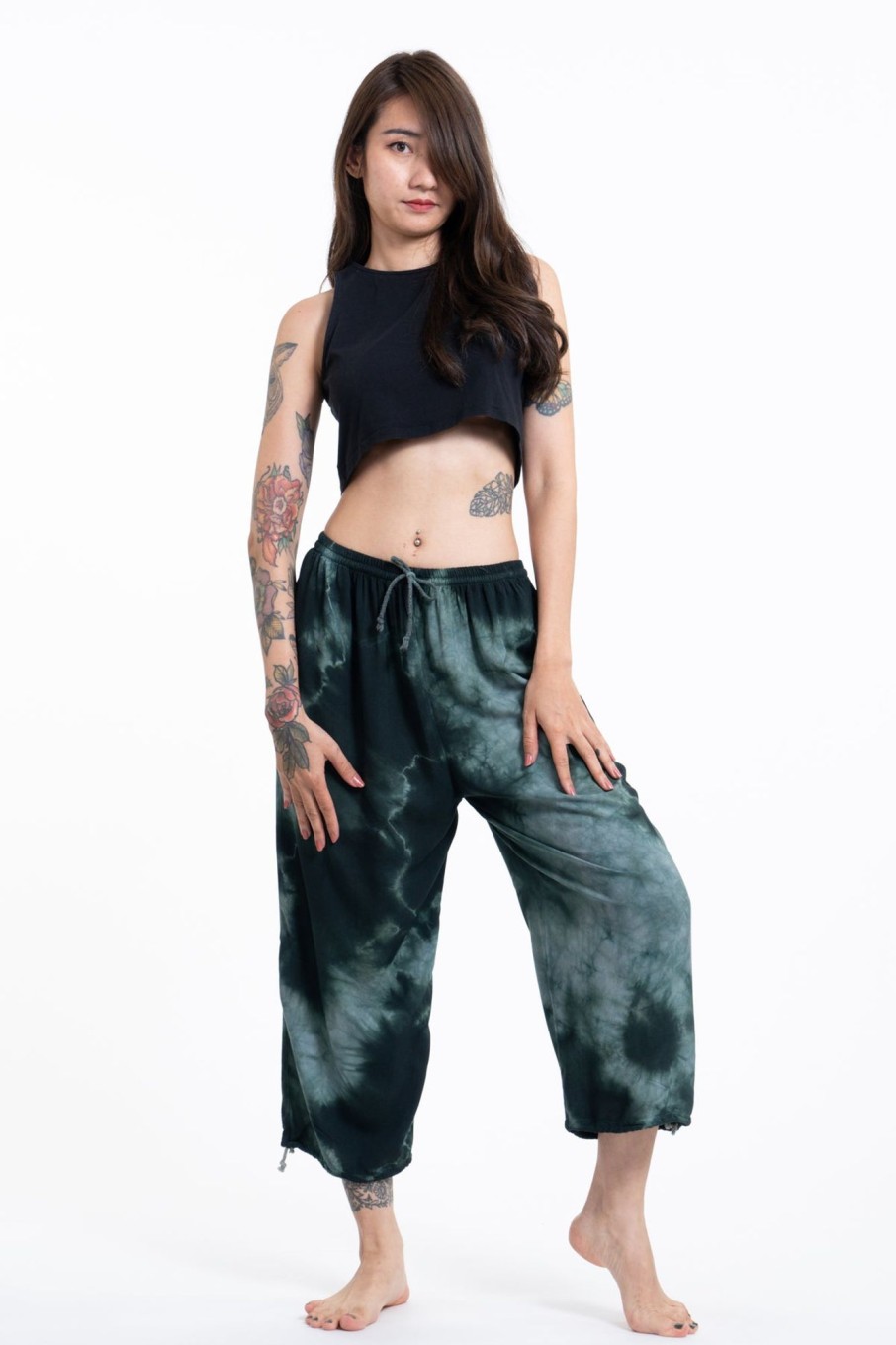 Women HaremPants | Women'S Tie Dye Drawstring Yoga Massage Cropped Pants In Dark Teal