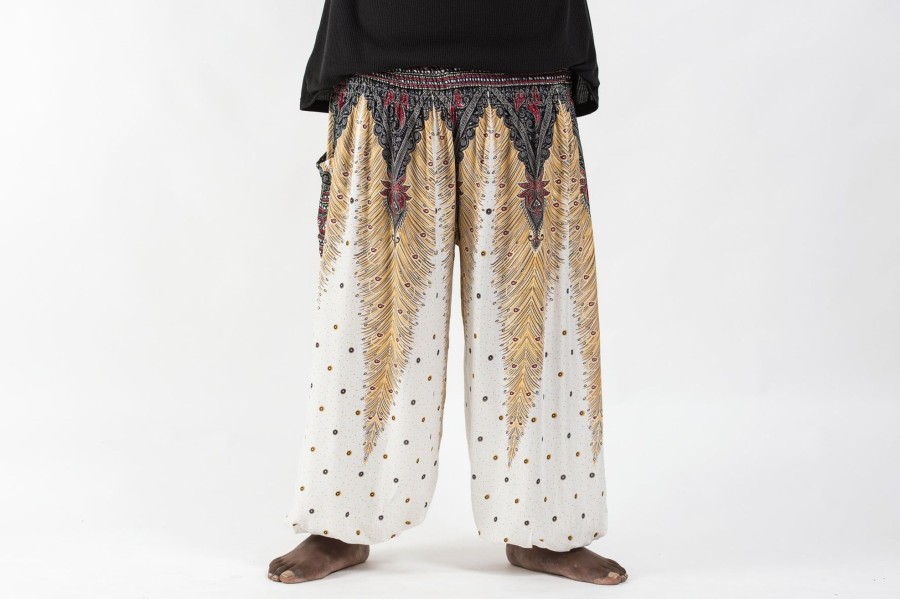 Men HaremPants | Plus Size Peacock Feathers Men'S Harem Pants In White