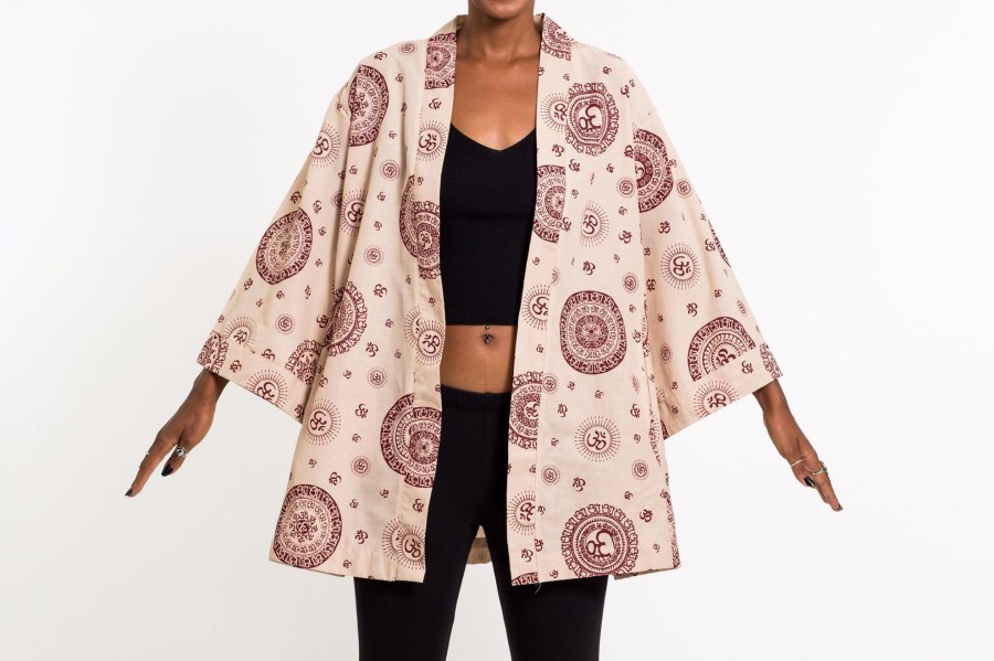 Plus Size HaremPants | Ohm Print Cotton Kimono Cardigan In Cream