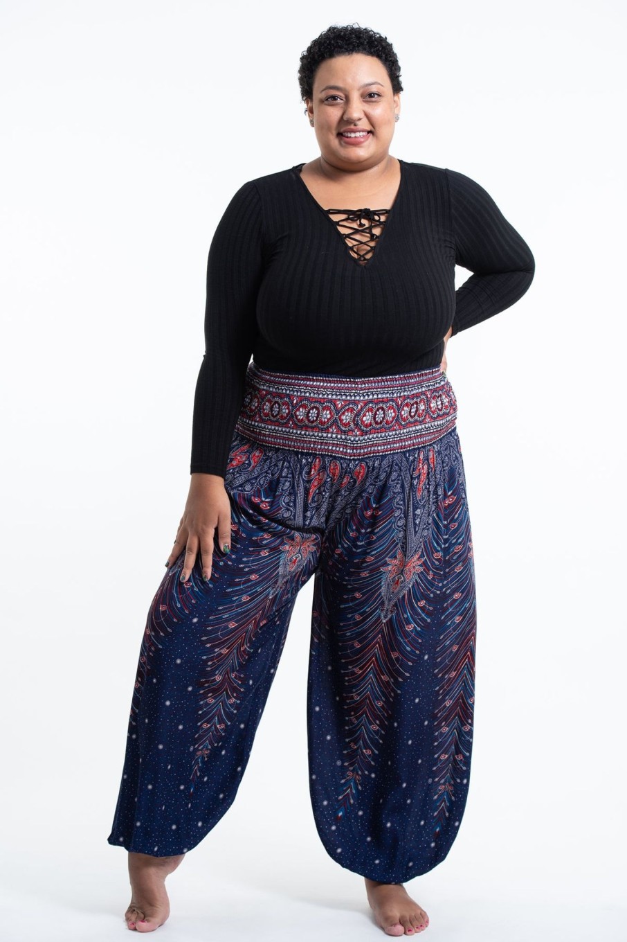 Plus Size HaremPants | Plus Size Peacock Feathers Women'S Harem Pants In Blue