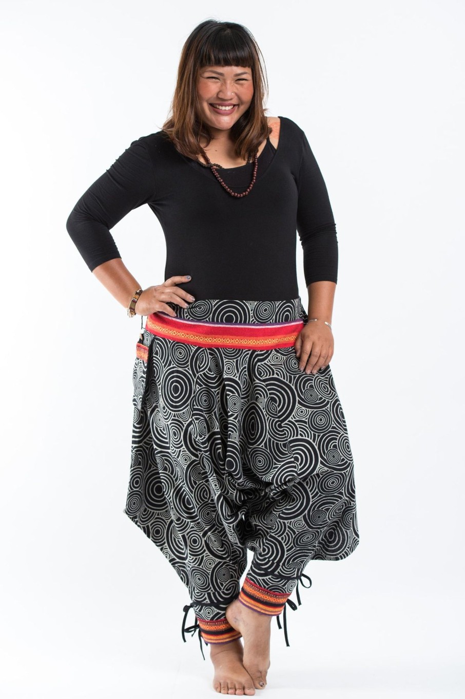 Plus Size HaremPants | Plus Size Swirls Prints Thai Hill Tribe Fabric Women Harem Pants With Ankle Straps In Black