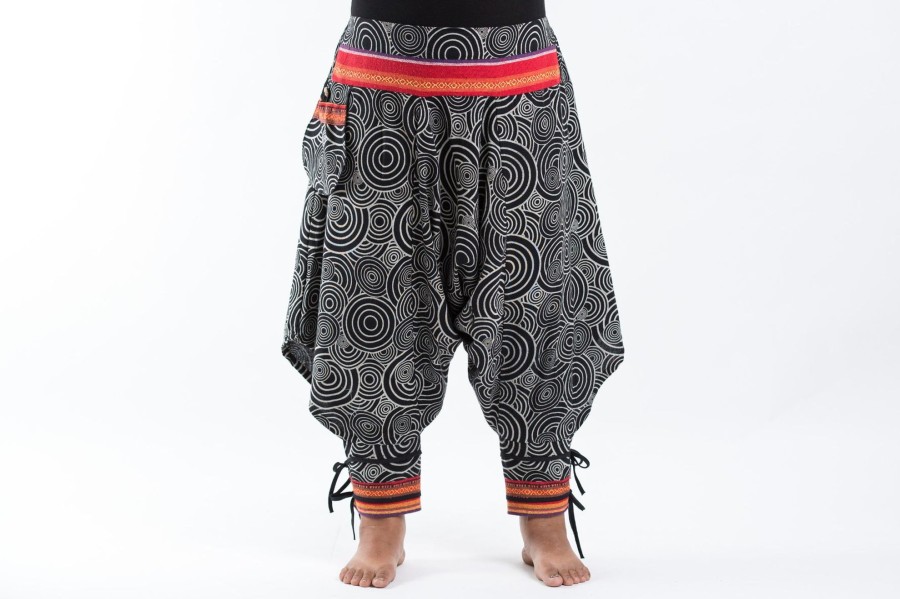 Plus Size HaremPants | Plus Size Swirls Prints Thai Hill Tribe Fabric Women Harem Pants With Ankle Straps In Black