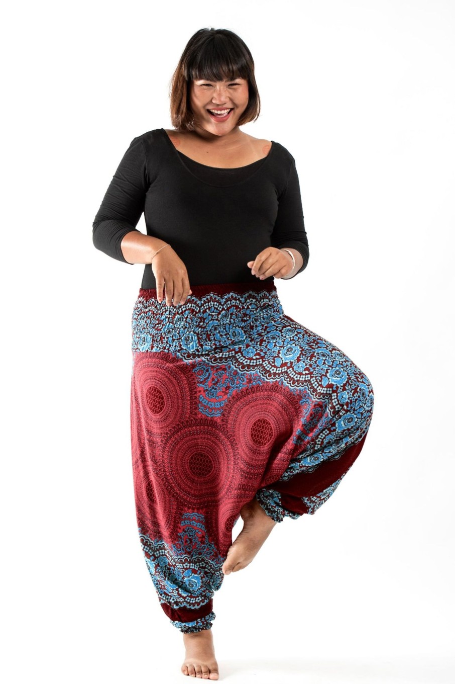 Women HaremPants | Plus Size Geometric Mandalas 2-In-1 Jumpsuit Harem Pants In Red