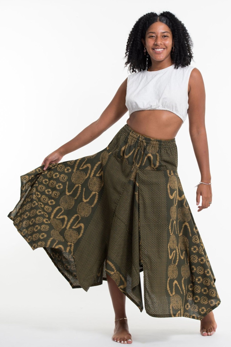 Women HaremPants | Daisy Dot Prints Cotton Handkerchief Midi Skirt In Olive