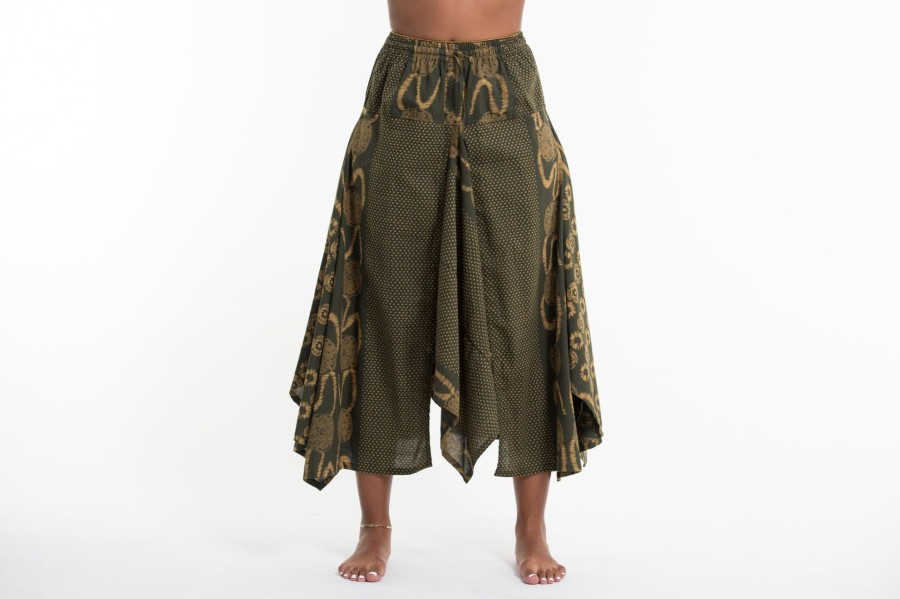 Women HaremPants | Daisy Dot Prints Cotton Handkerchief Midi Skirt In Olive